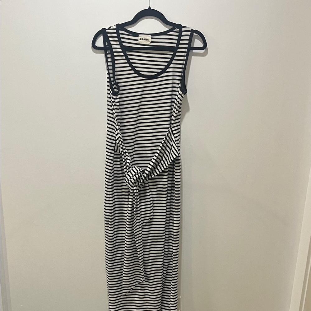 Black & White Striped Maxi Dress with Waist Tie
